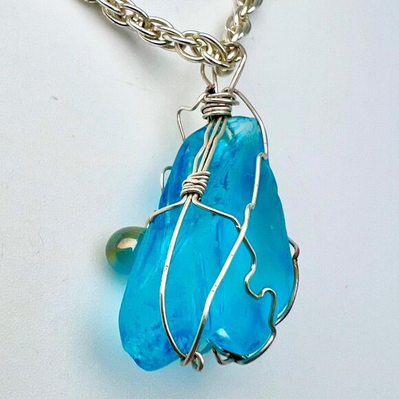 Handmade Wire Wrapped Blue Art Glass Pendant Necklace Drop Accent - Picture 10 of 10